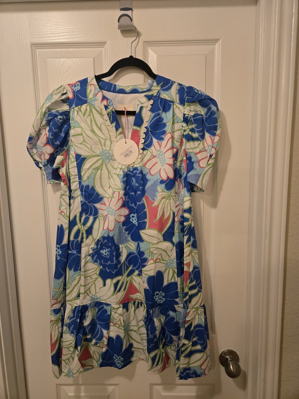 Umgee Blue and White Floral Mini Dress with Pink and Green Accents